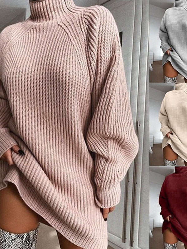 Solid Turtleneck Long Sweater Winter Warm Women Sweater Dress
