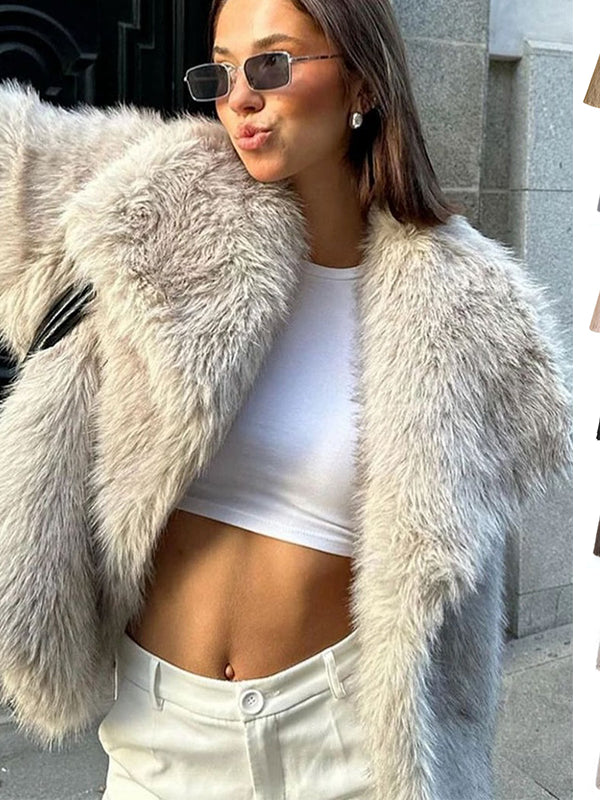 Winter Plush Coat Fashion Warm Thicken Fluffy Lapel Jacket Outwear Casual Long Sleeve Tops Womens Clothing