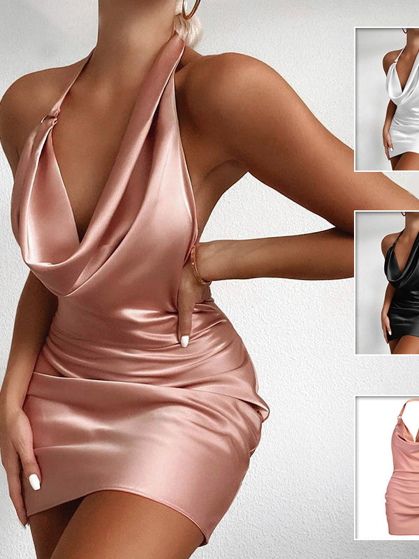 Satin Party Dress V Neck Backless Mini Sleeveless Summer Party Dress
