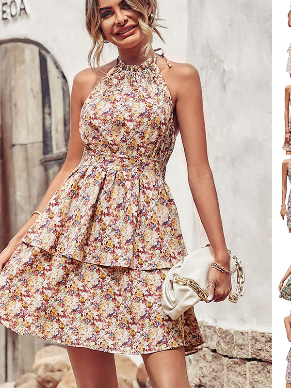 Summer Printed Halter Dress Fashion Boho Backless Ruffled A-Line Beach Dresses For Womens Clothing