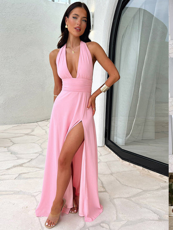 Sexy Halterneck V-neck Slit Dress Summer Backless Strappy Skirt Fashion Temperament Clothing Women