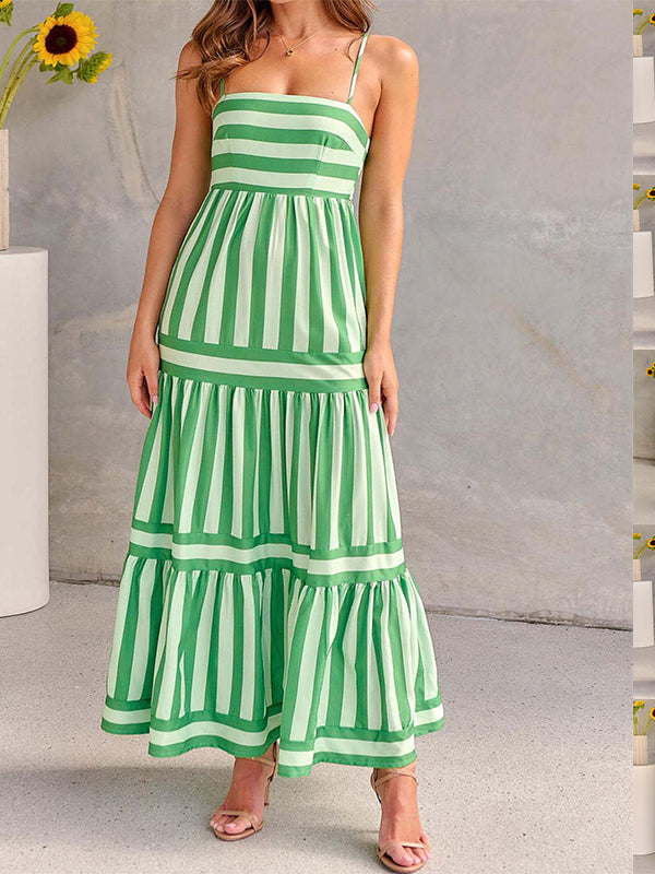 Summer Striped Printed Suspender Long Dress With Pockets Fashion Square Neck Backless Dresses For Beach Vacation Women Clothing
