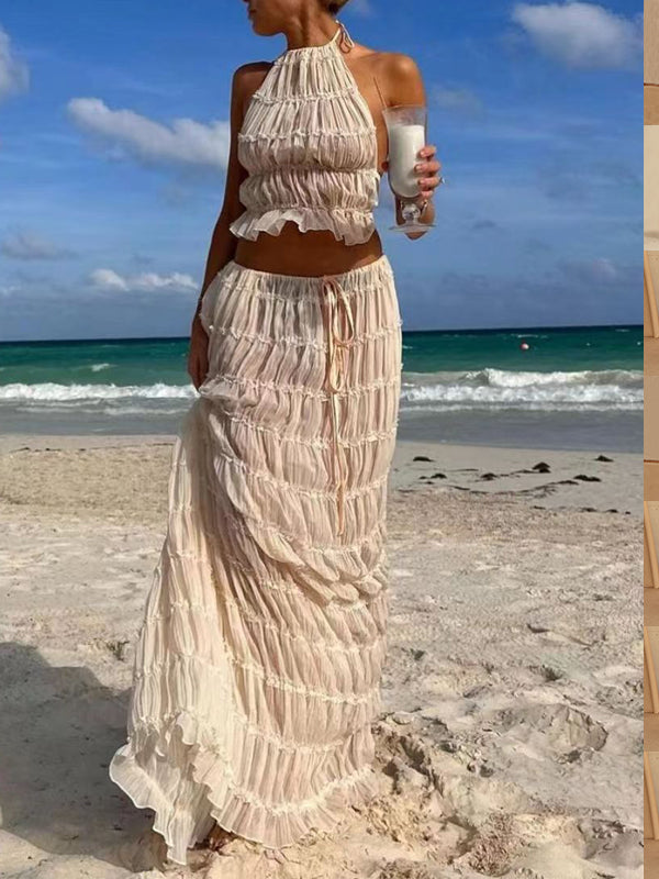 2pcs Women's Dress Suit Sexy Sleeveless Backless Cropped Halter Top And Pleated Long Skirt Beach Clothing