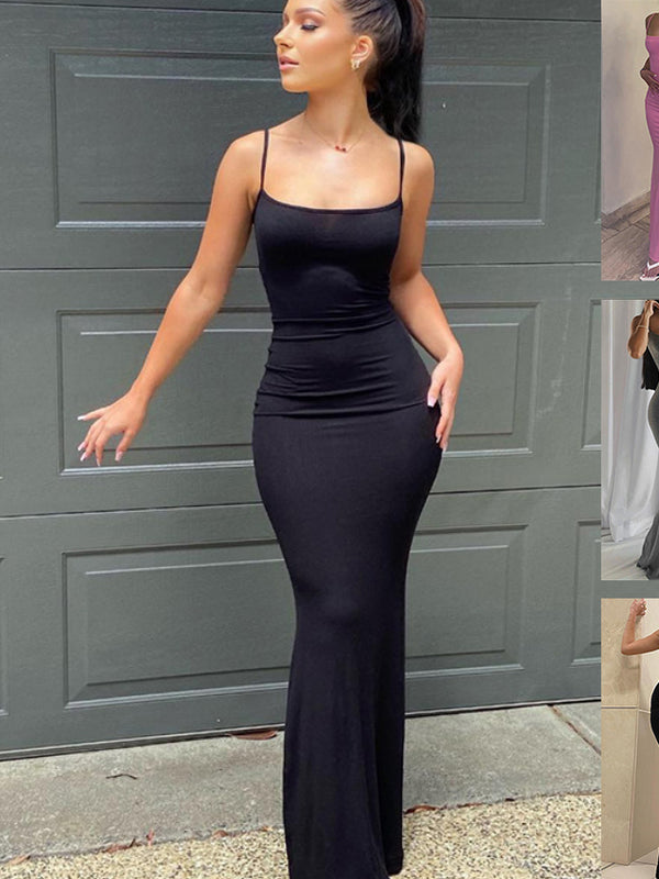 Spaghetti Strap Long Dress Women Sexy Slim Skinny Bodycon Party Club Suspender Casual Street Dresses