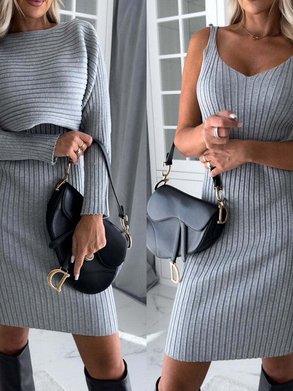 2pcs Suit Women's Solid Stripe Long-sleeved Top And Tight Suspender Skirt Fashion Autumn Winter Slim Clothing